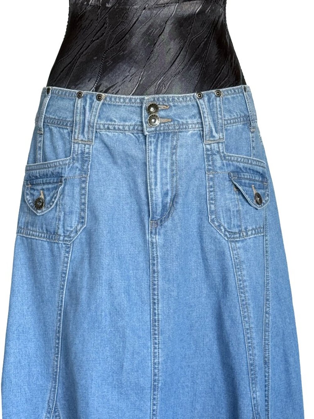 Ghanda Vintage Utility Denim Maxi Skirt - Paneled Boho A-Line Light Wash - Picture 4 of 13